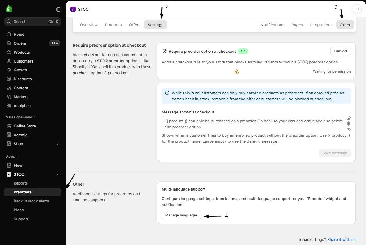 STOQ Preorders Settings Other sub-tab (markers: 2 the Settings tab, 3 the Other sub-tab, 4 the Manage languages button) showing the Multi-language support card