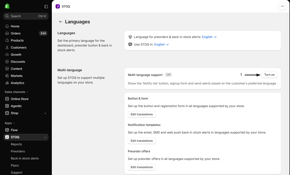 The STOQ Languages page with marker 1 on the Turn on button of the Multi-language support toggle