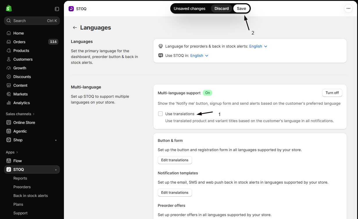 The Languages page with Multi-language support On, marker 1 on the Use translations checkbox, and marker 2 on Save