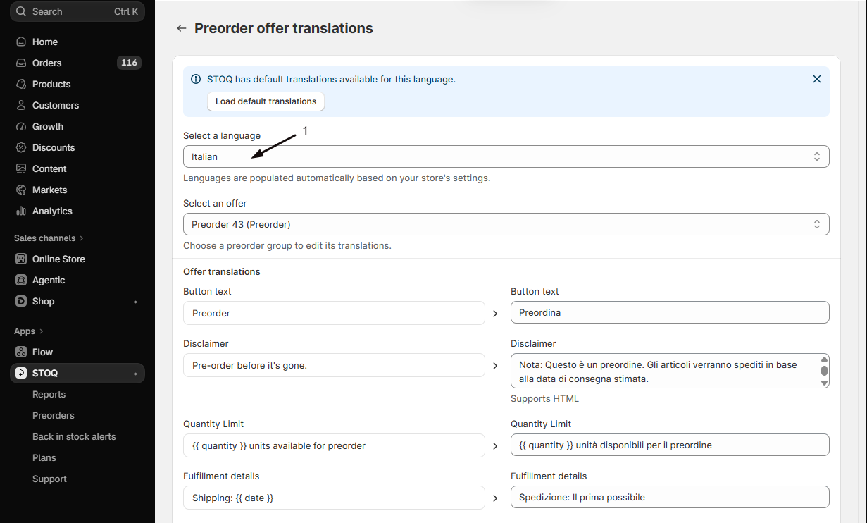 The Preorder offer translations page with a default translations banner and marker 1 on the Select a language dropdown set to Italian, showing English defaults beside Italian translations