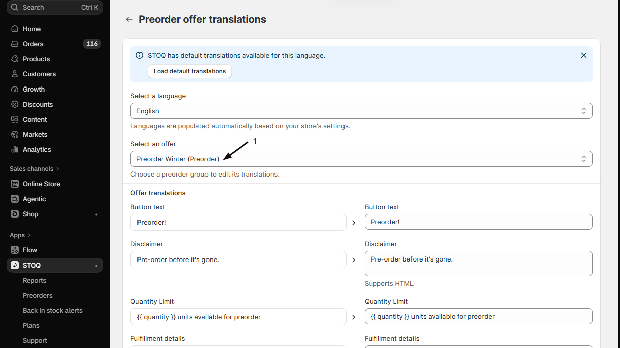 The Preorder offer translations page with marker 1 on the Select an offer dropdown set to Preorder Winter