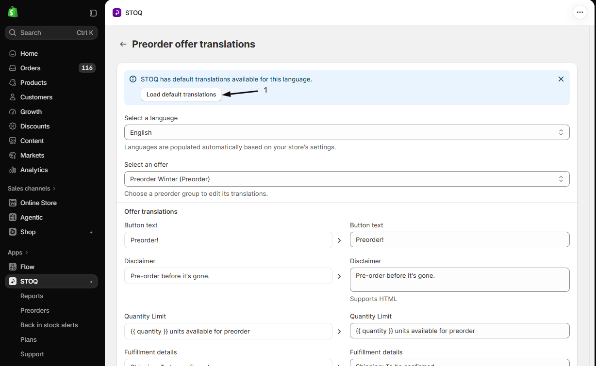 The Preorder offer translations page with marker 1 on the Load default translations button in the banner