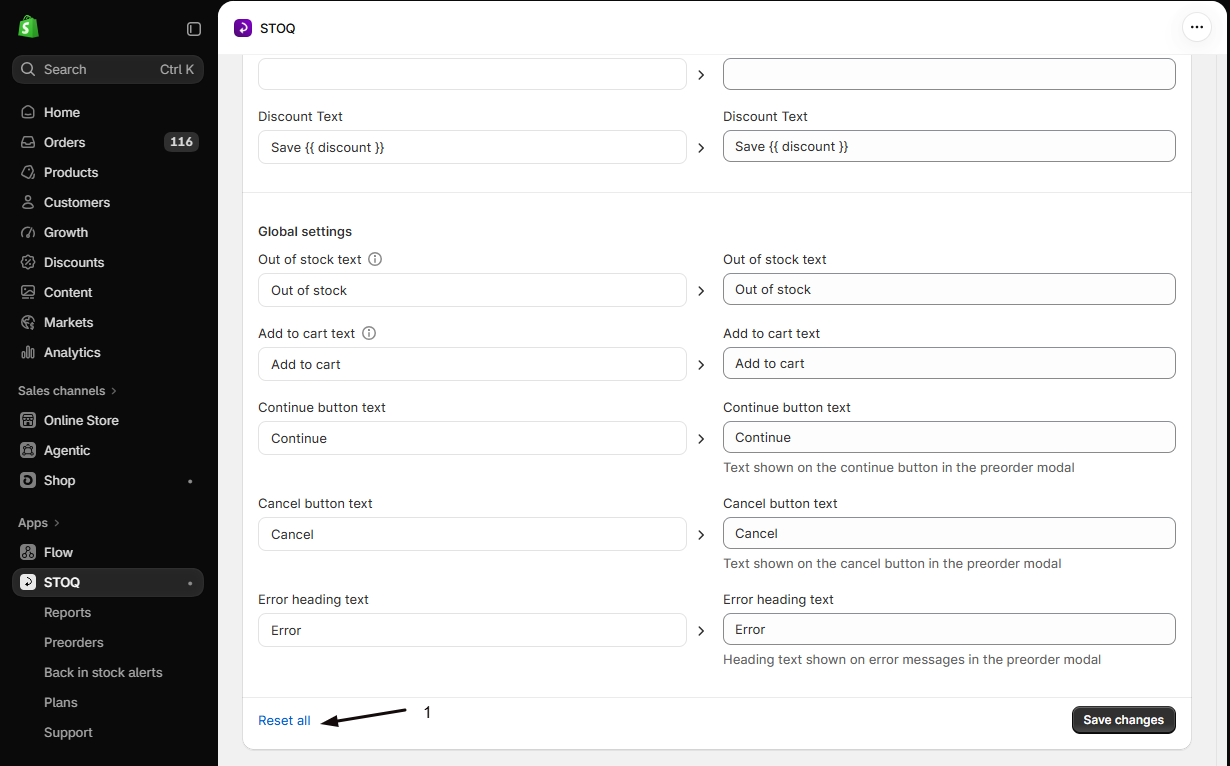 The Preorder offer translations page scrolled to the Global settings strings with marker 1 on the Reset all link