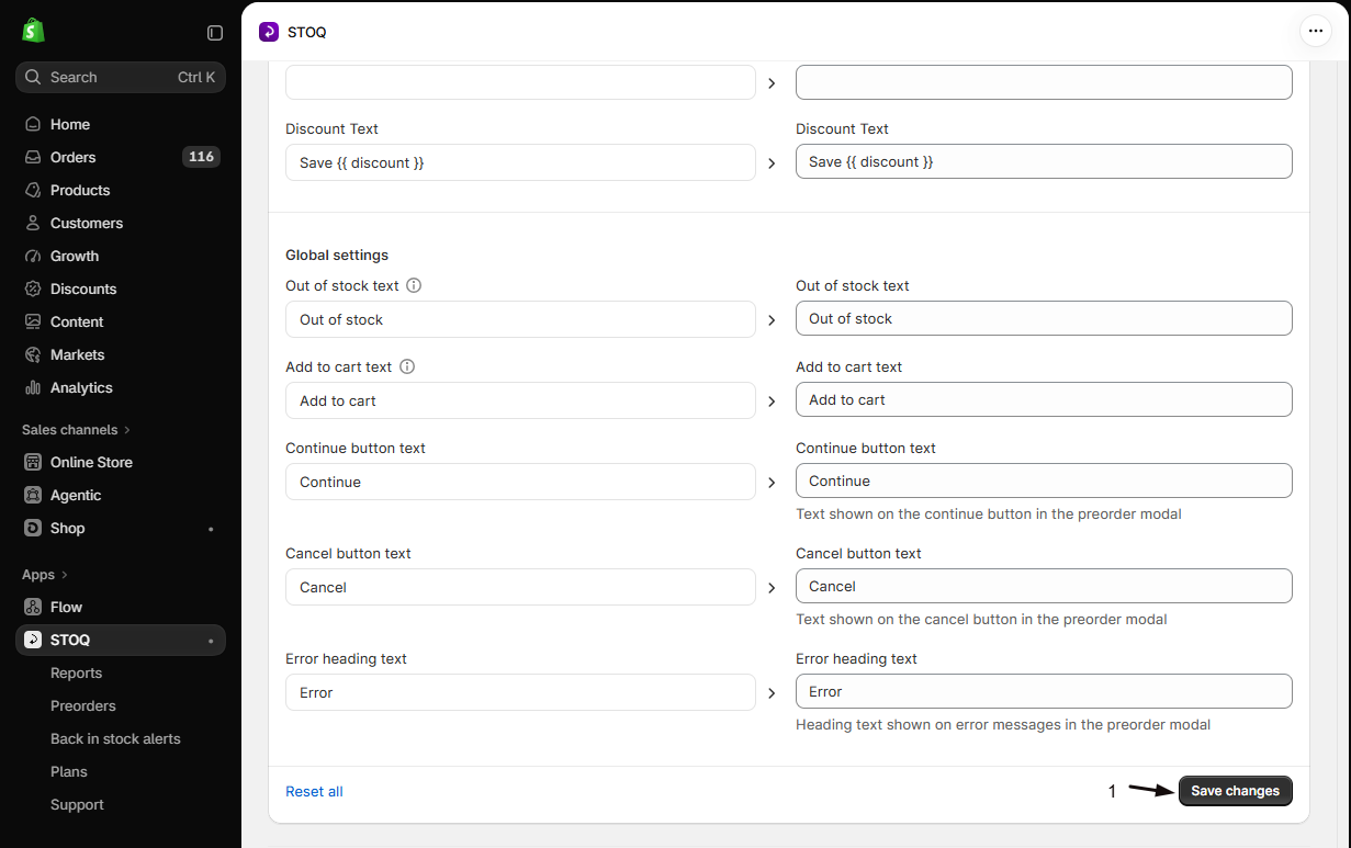 The Preorder offer translations Global settings with marker 1 on the Save changes button