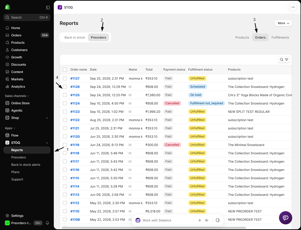 STOQ Reports Preorders Orders view with markers: 1 Reports in the left menu, 2 the Preorders toggle, 3 the Orders tab, 4 an order row to open