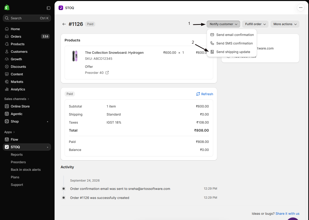 The order detail page with marker 1 on the Notify customer dropdown open and marker 2 on Send shipping update