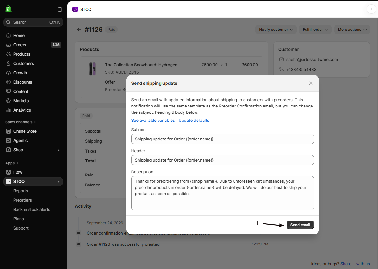 The Send shipping update modal with Subject, Header, and Description fields and marker 1 on the Send email button