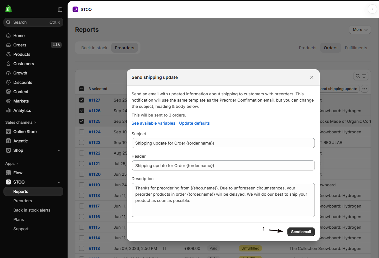 The bulk Send shipping update modal noting it will be sent to 3 orders, with marker 1 on the Send email button
