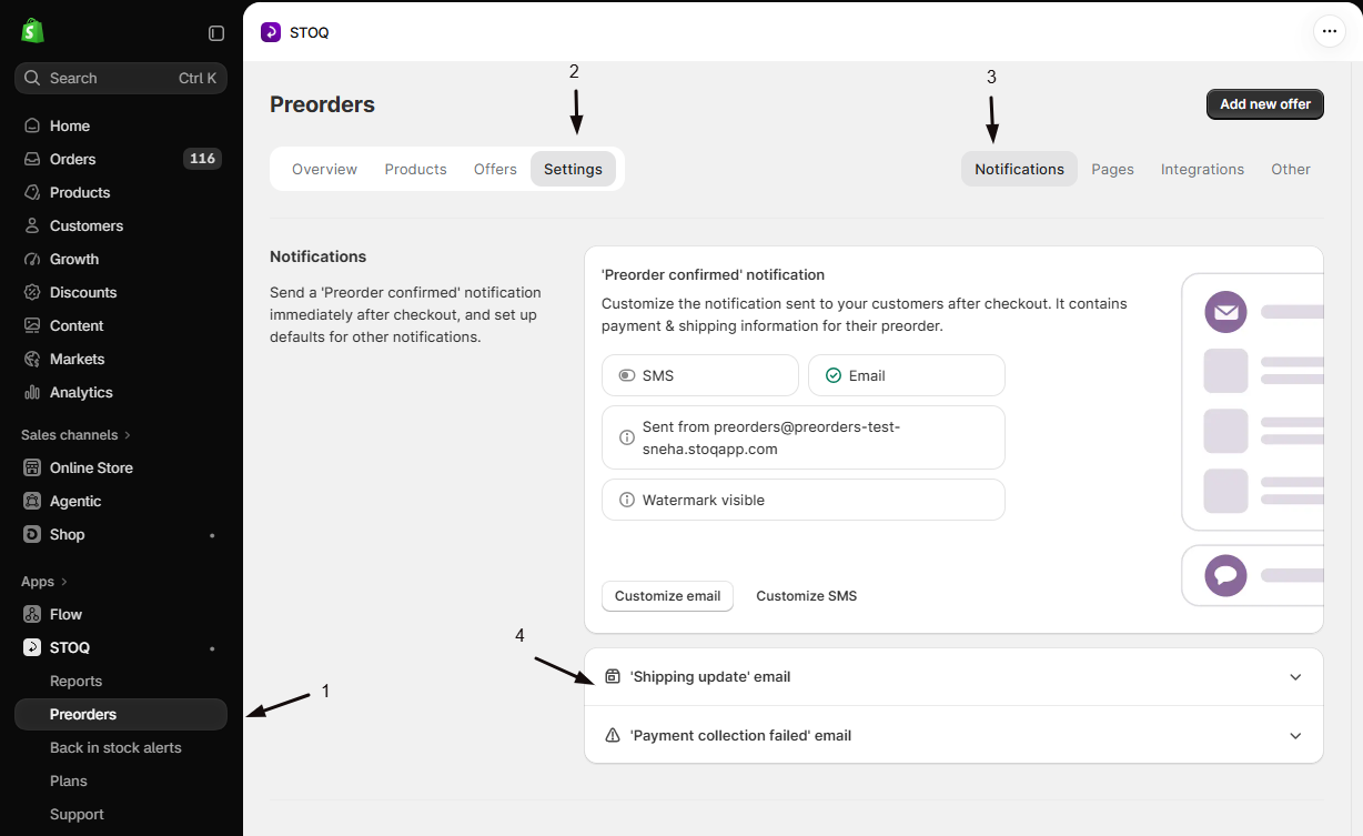 STOQ Preorders Settings Notifications sub-tab with markers: 1 Preorders in the left menu, 2 the Settings tab, 3 the Notifications sub-tab, 4 the Shipping update email card