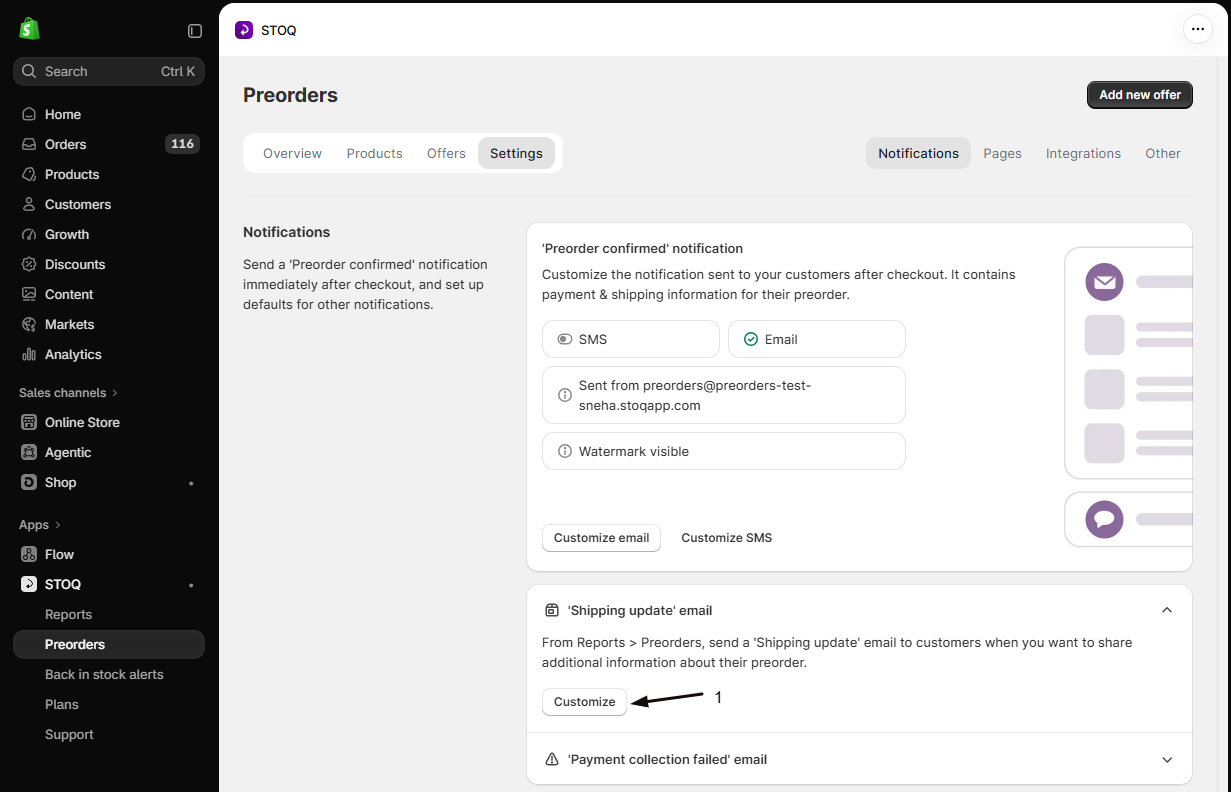 The expanded Shipping update email card with marker 1 on the Customize button