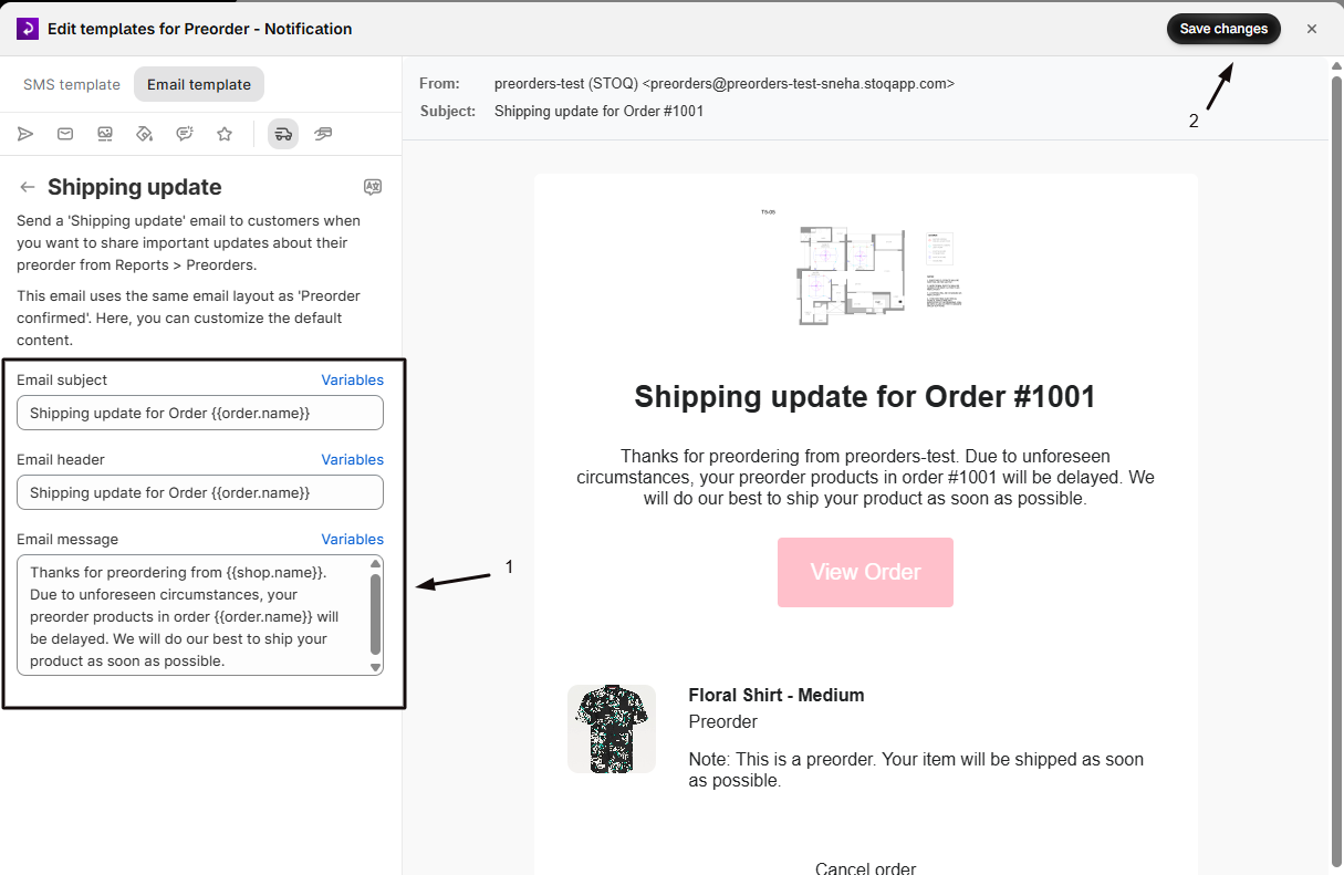 The email template editor Shipping update panel with marker 1 on the Email subject, header, and message fields and marker 2 on Save changes