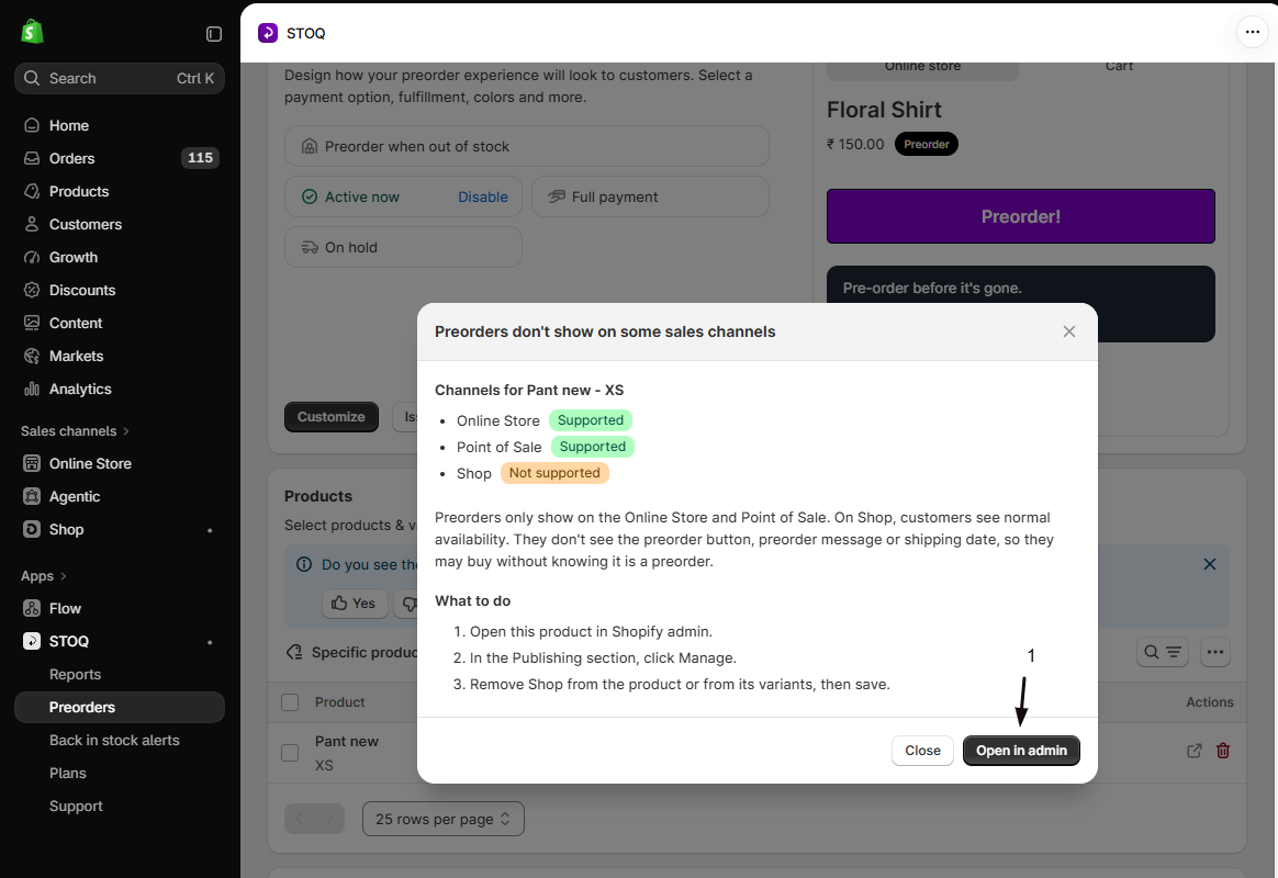 The Preorders don't show on some sales channels modal with marker 1 on the Open in admin button