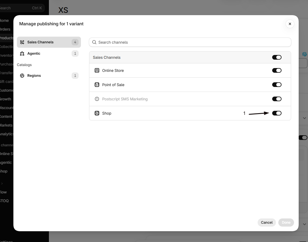 The Shopify admin Manage publishing for 1 variant modal with marker 1 on the Shop channel toggle, alongside Online Store and Point of Sale