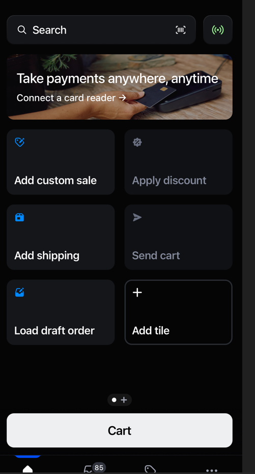 The Shopify POS home screen (smart grid) with the Add tile tile in the bottom right