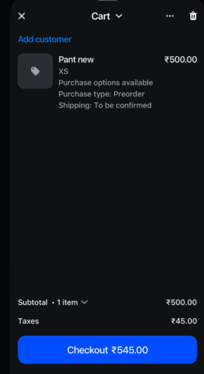 The POS Cart with the Pant new preorder item (Purchase type: Preorder, Shipping: To be confirmed) and the Checkout button
