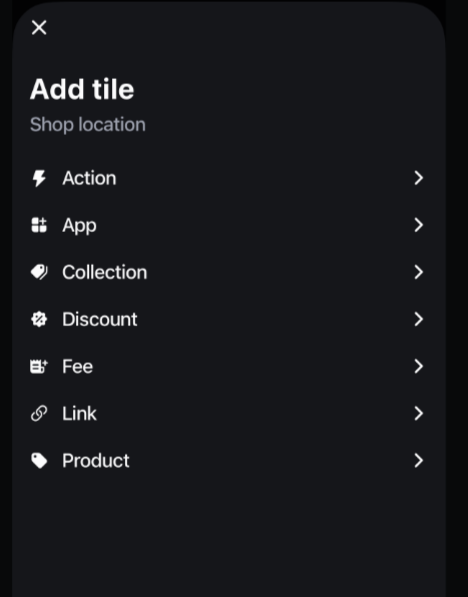 The POS Add tile menu with options Action, App, Collection, Discount, Fee, Link, and Product