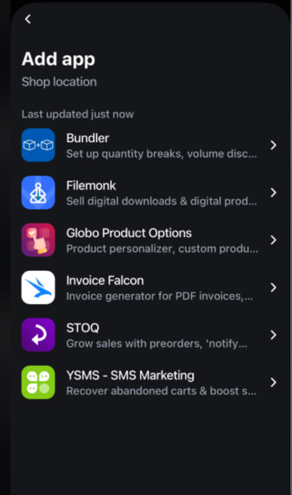 The POS Add app list showing installed apps including STOQ