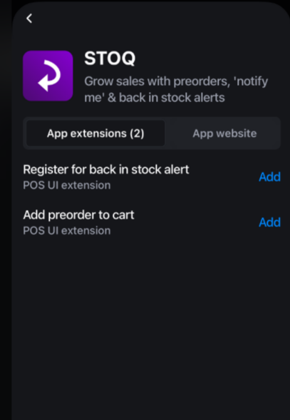 The STOQ POS app extensions list with Register for back in stock alert and Add preorder to cart, each with an Add button