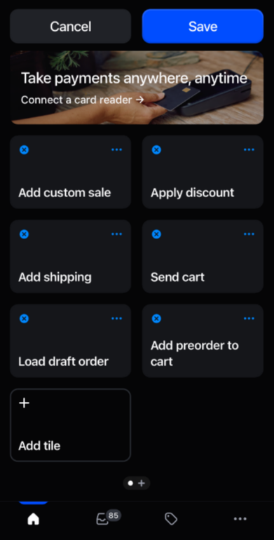 The POS home screen in edit mode showing the Add preorder to cart tile now added, with Save at the top