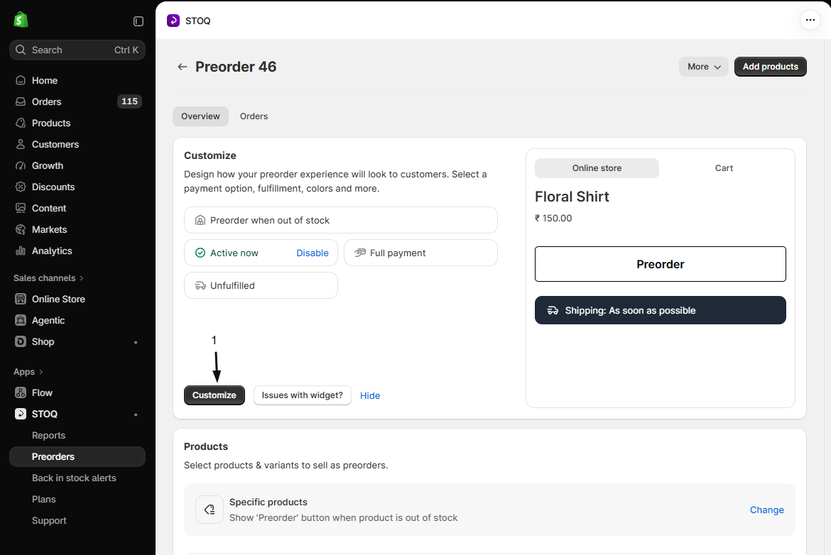The Preorder 46 offer Overview tab with marker 1 on the Customize button