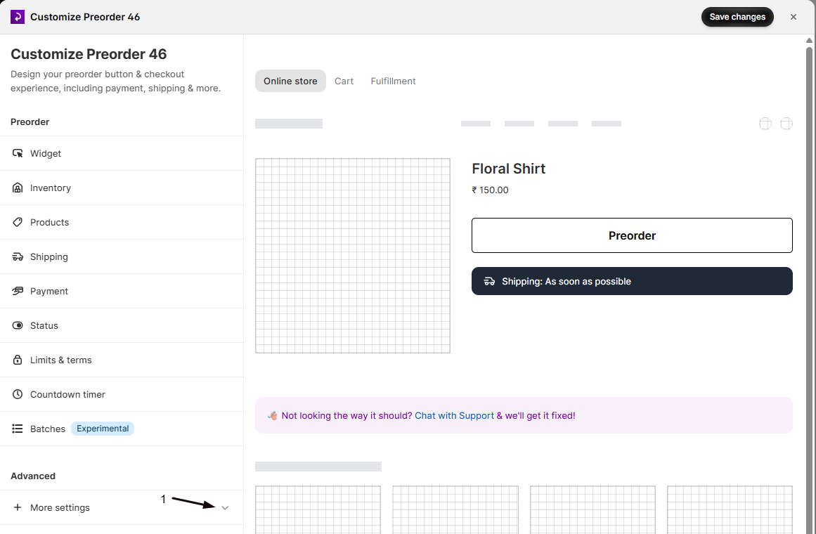 The offer editor sidebar with marker 1 on the More settings expander that reveals the Advanced group