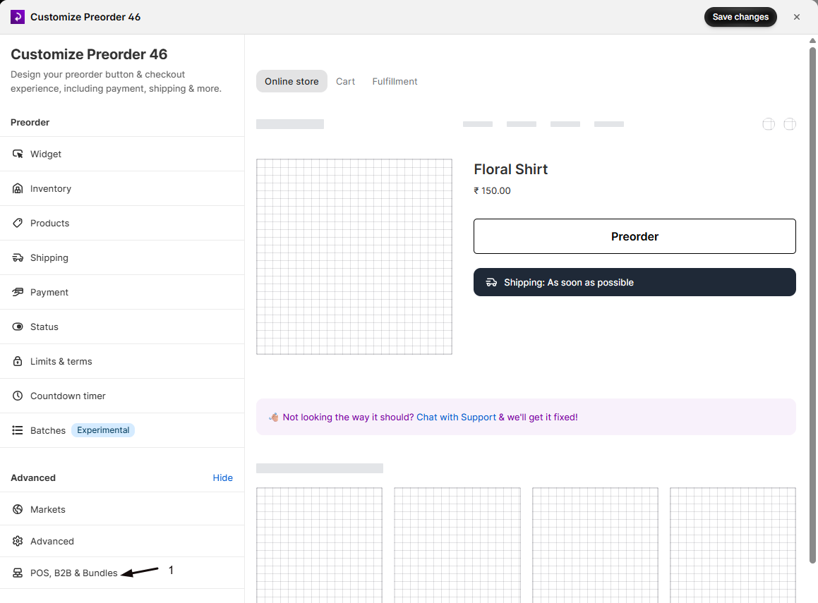 The offer editor sidebar with marker 1 on the POS, B2B & Bundles item under Advanced