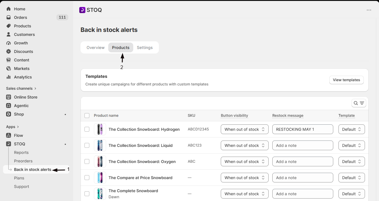The Products tab on the Back in stock alerts page