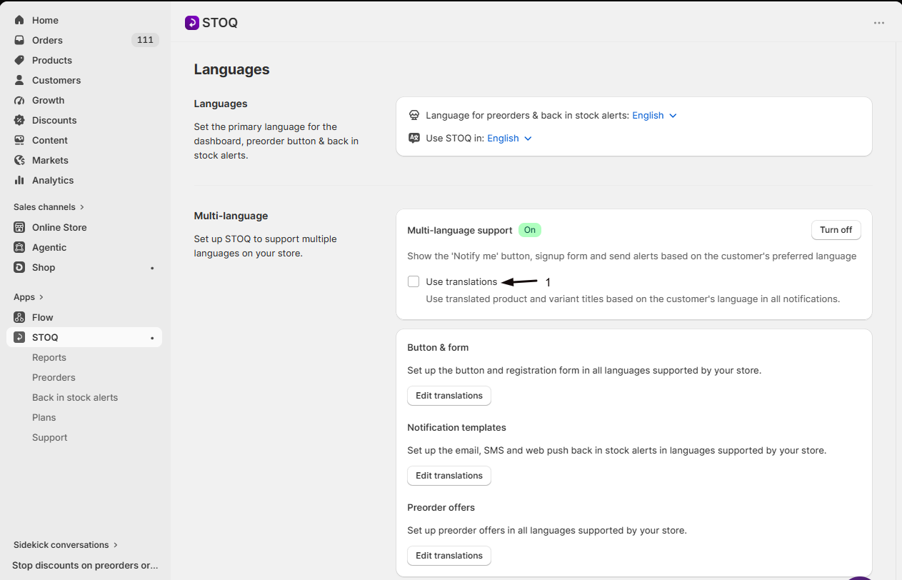 The Use translations checkbox under Multi-language