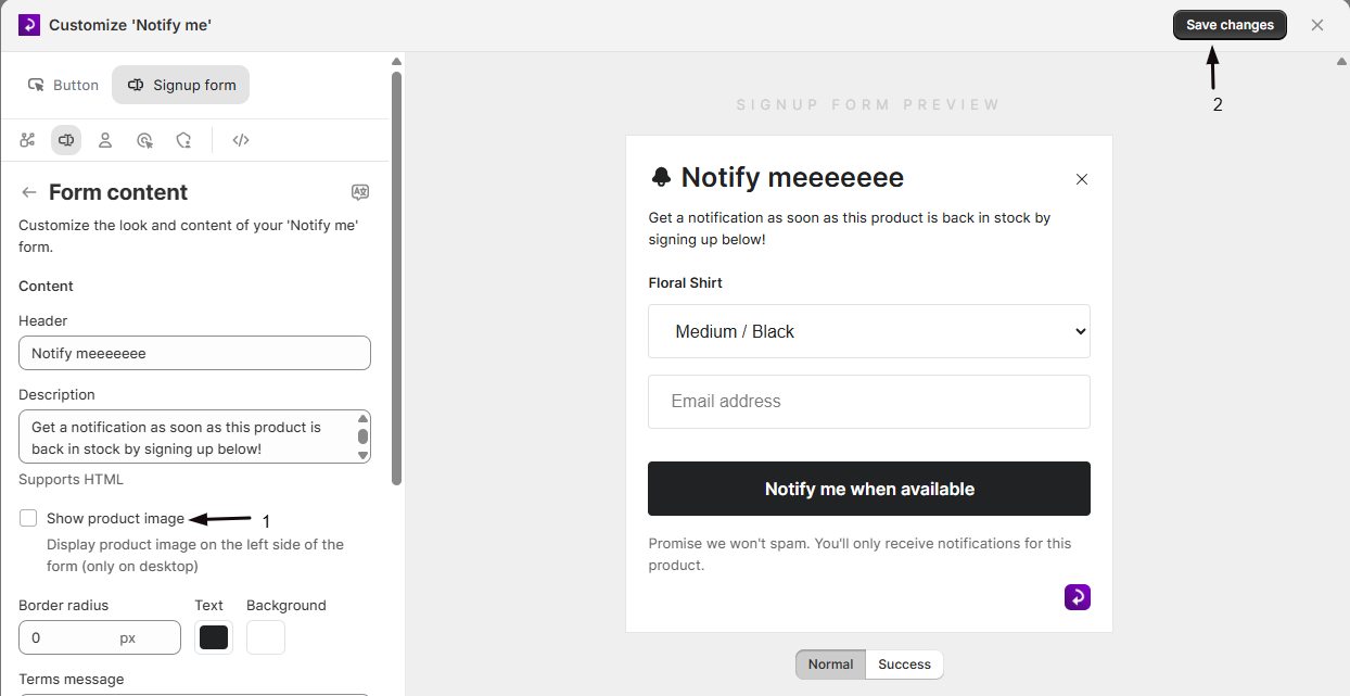 The Show product image checkbox in Form content