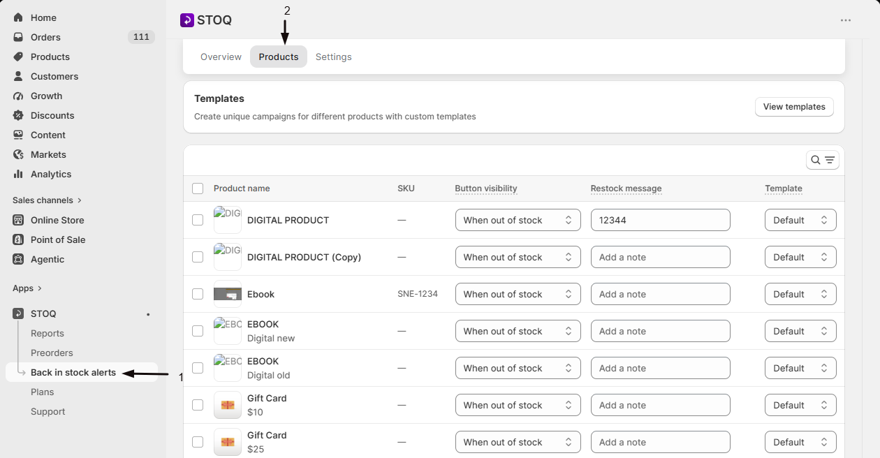 The Products tab showing which products have the Notify me widget active