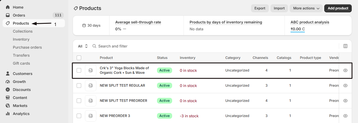 Raising the tested variant's inventory in Shopify admin to restock it
