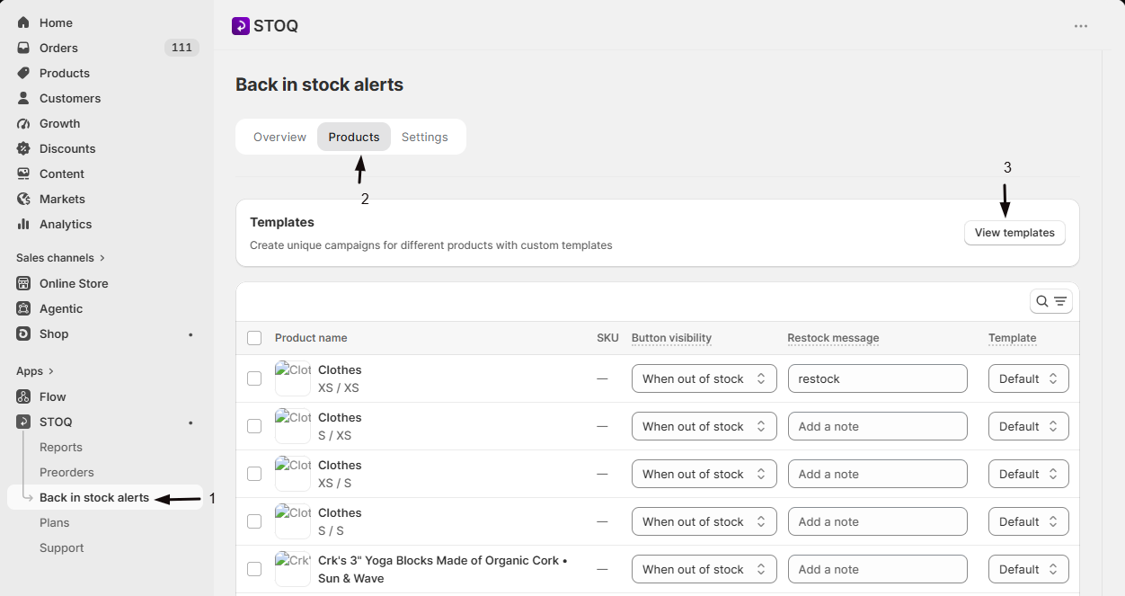 The Products tab with the Templates section expanded via View templates
