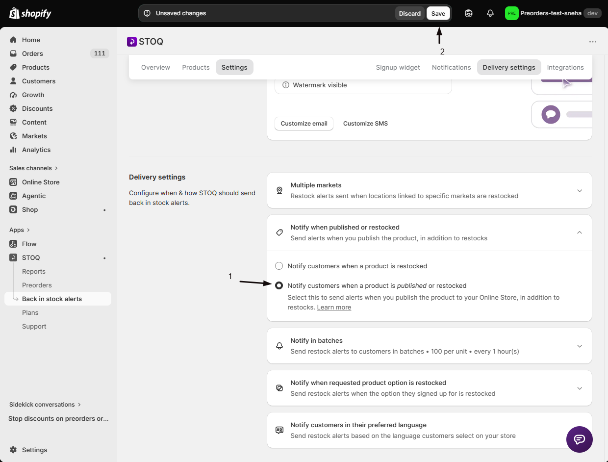 The Notify when a product is published or restocked option selected