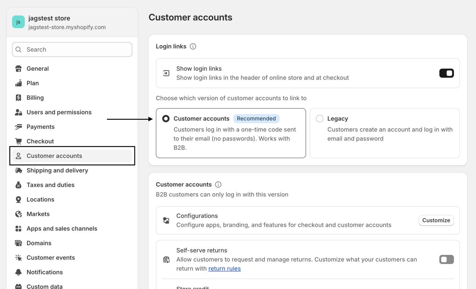 Shopify admin Customer accounts settings with login enabled