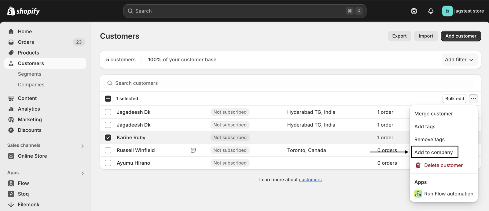 The Companies list in Shopify admin