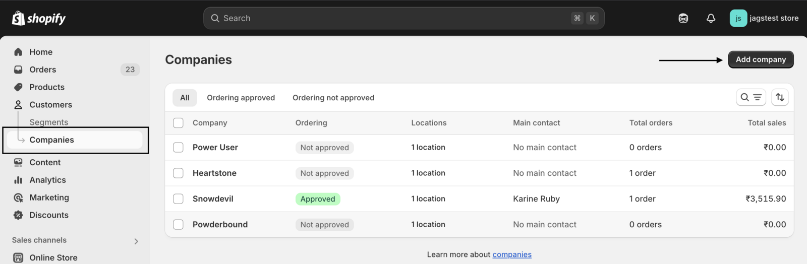 The Add company button in Shopify admin
