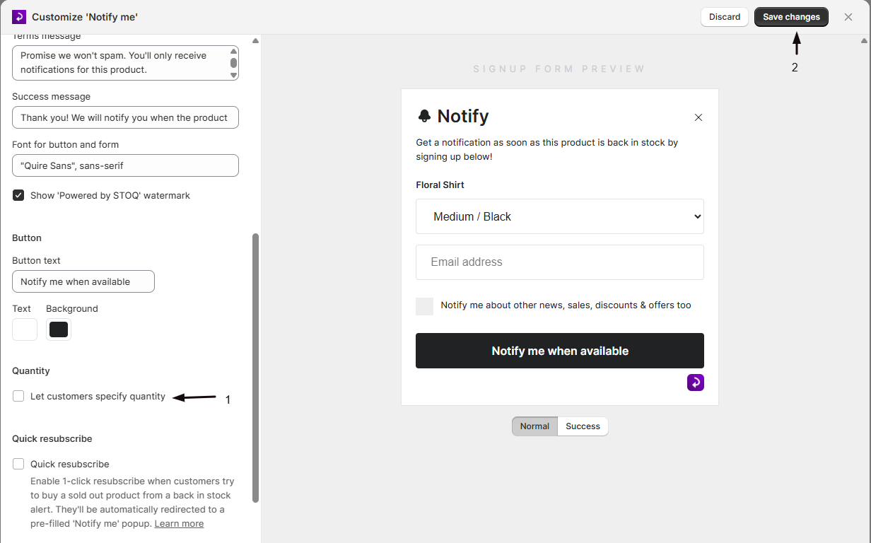 The Let customers specify quantity option and the Quantity field label