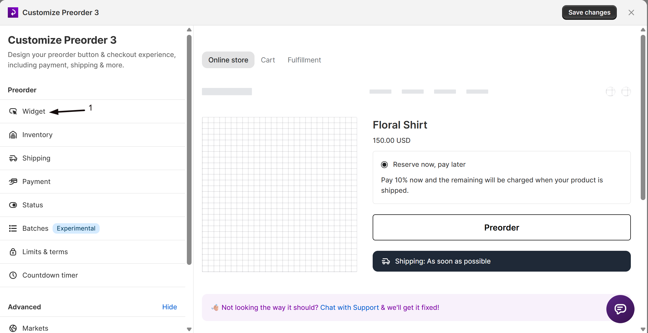 The Widget panel in the offer editor