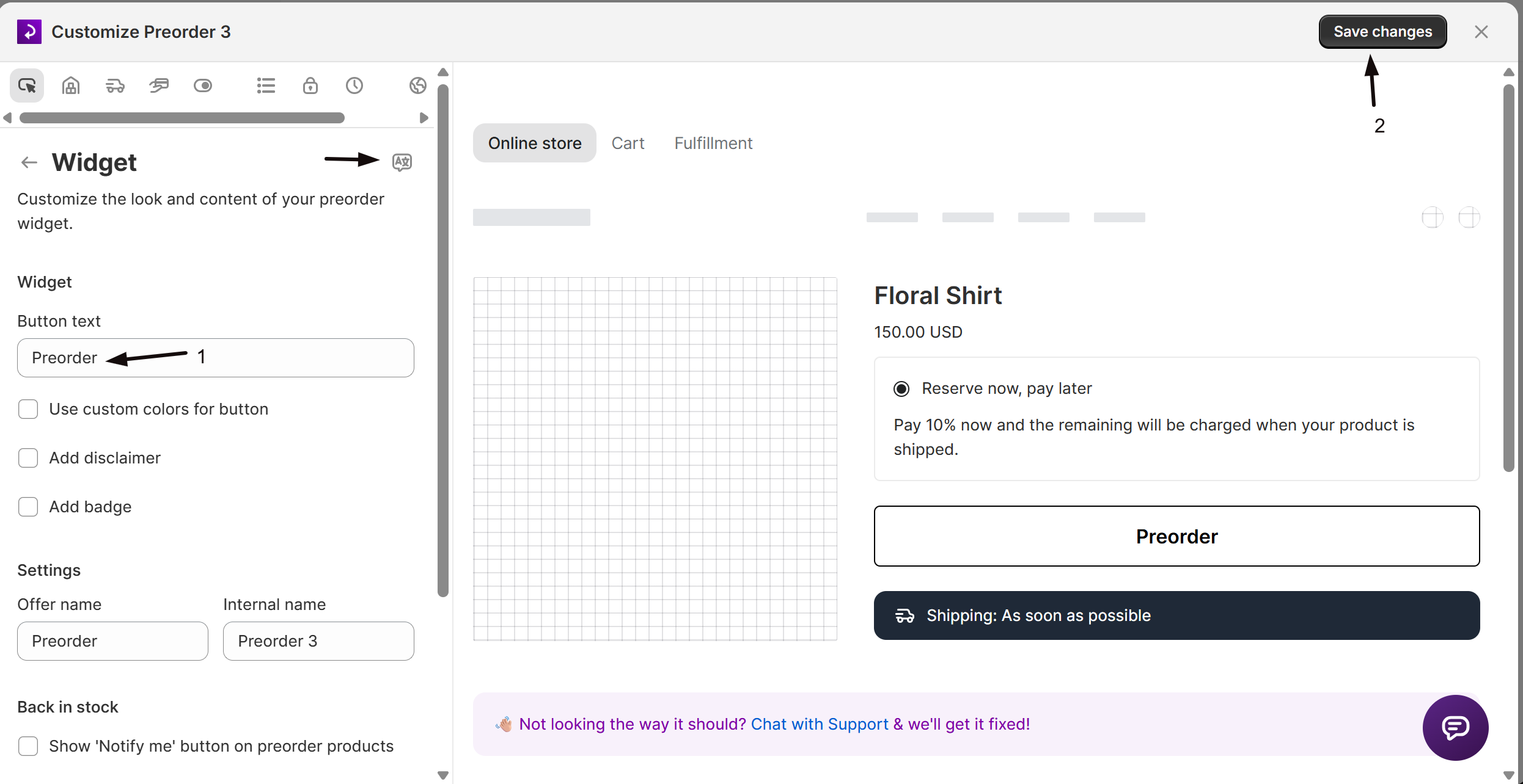 The Button text field in the Widget panel