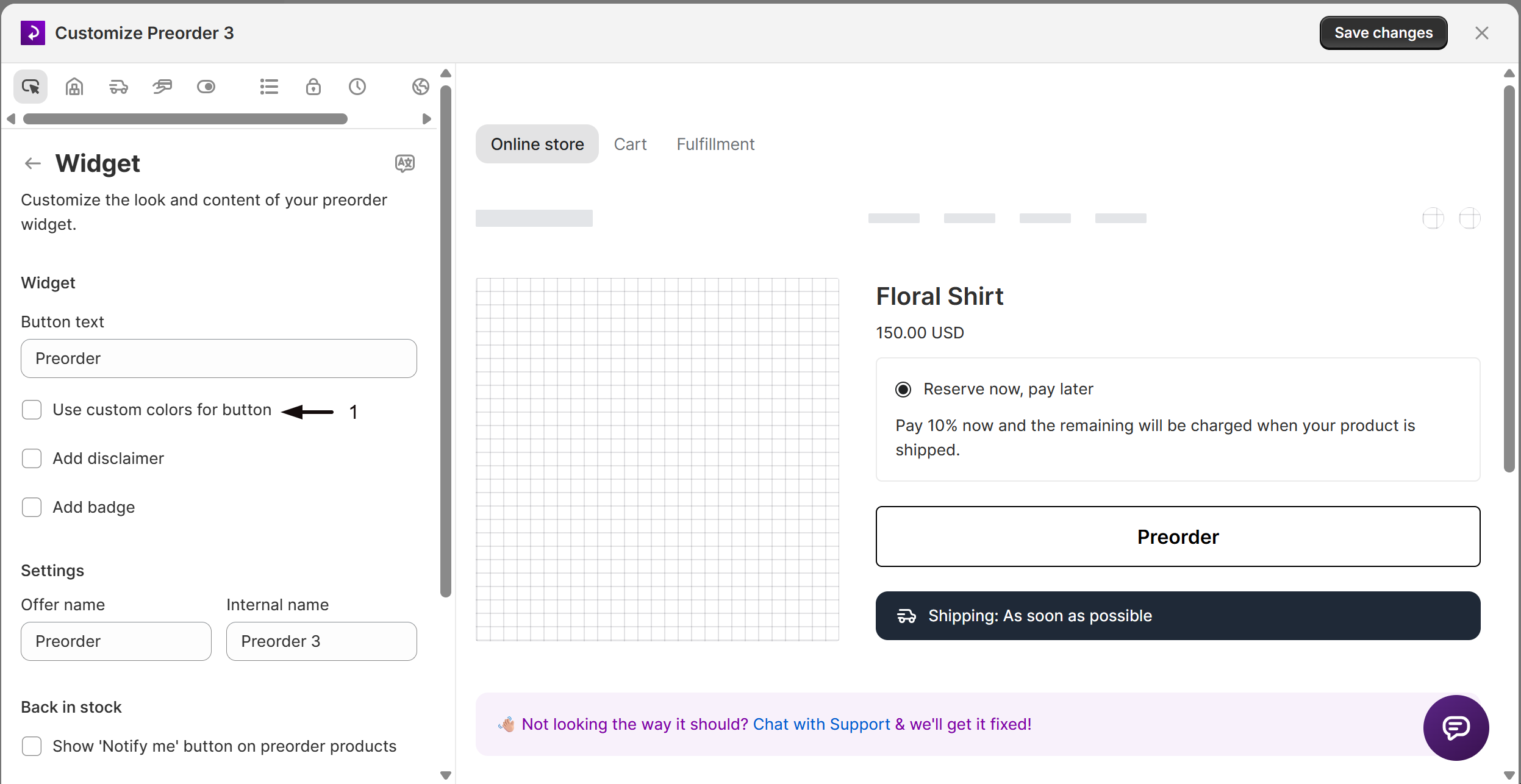 The custom button color controls