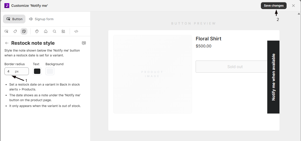The Border radius field for the restock note