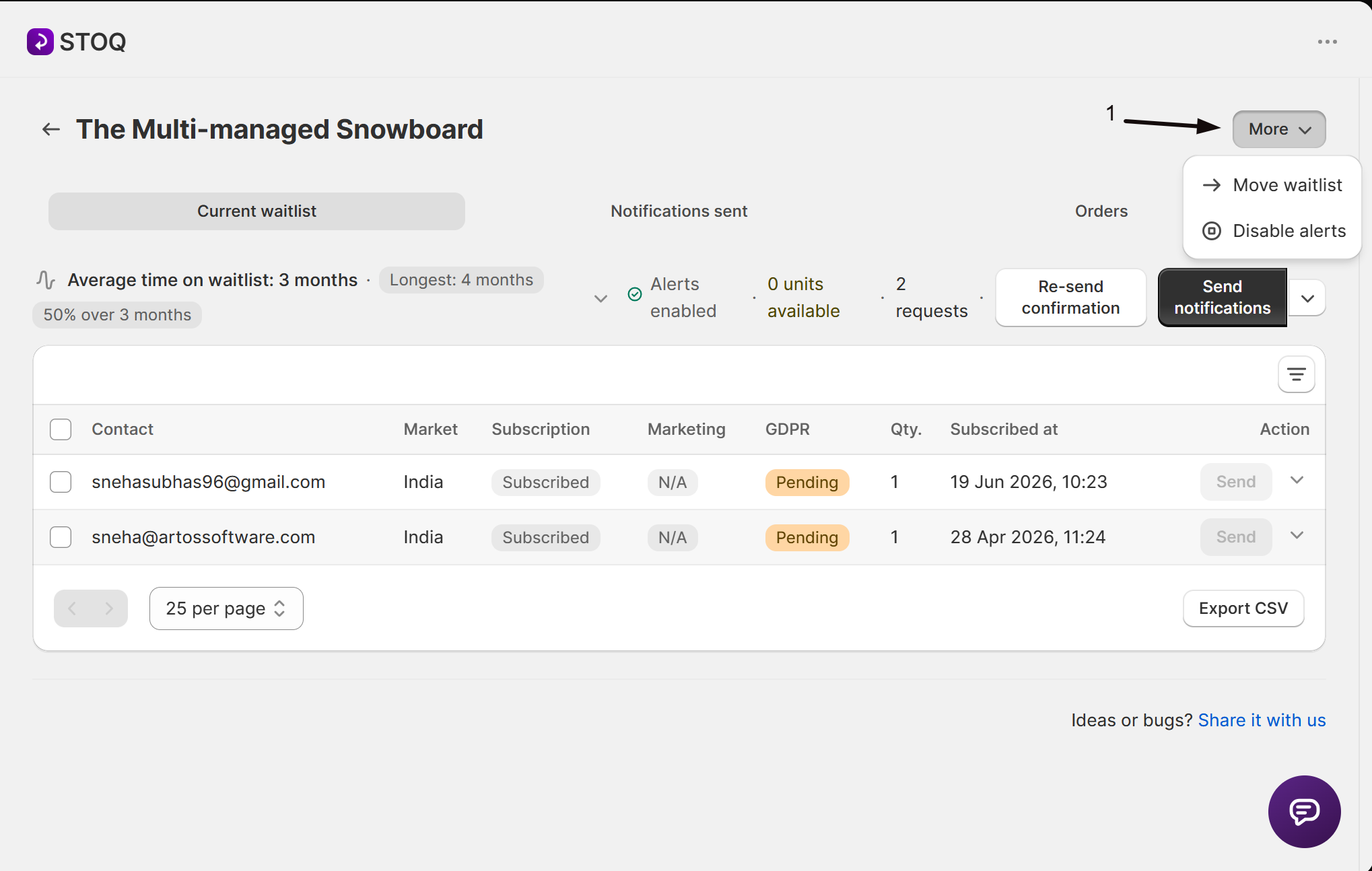 The More menu with Move waitlist and Disable alerts