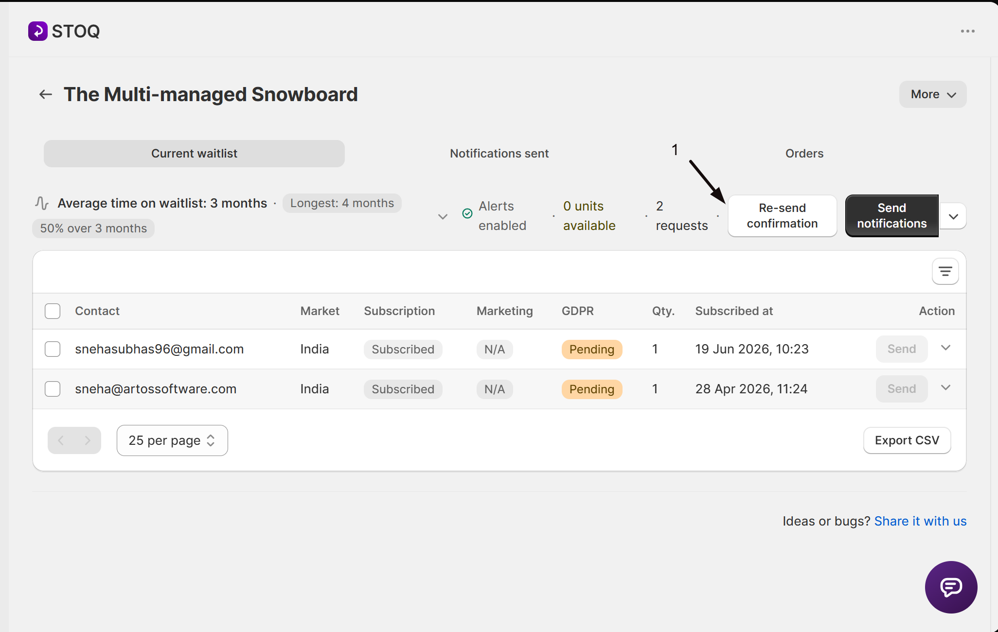 The Re-send confirmation button for pending GDPR opt-ins