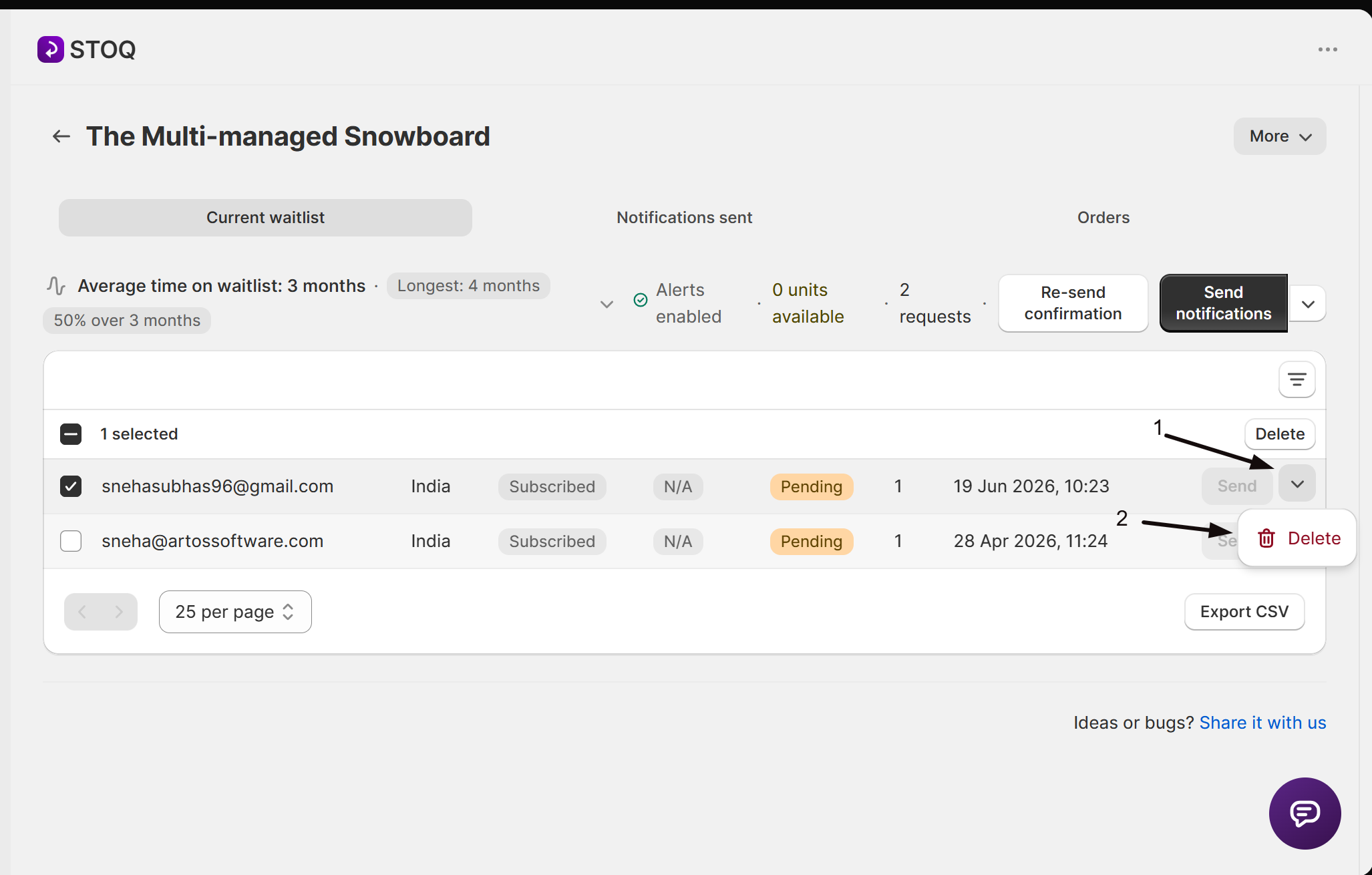 Selecting signups and the bulk Delete action