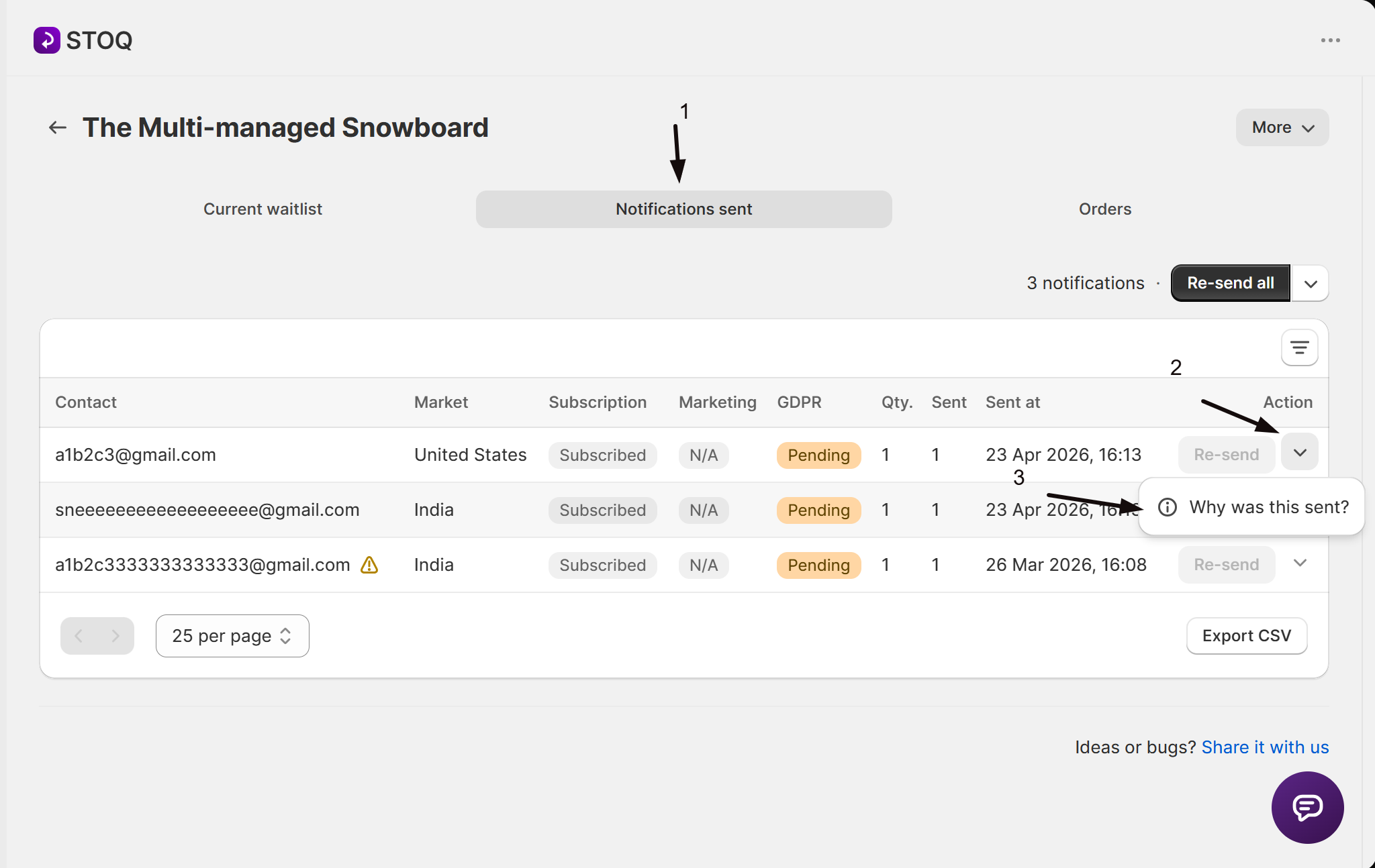 The notification history and per-channel delivery status on the Notifications sent tab