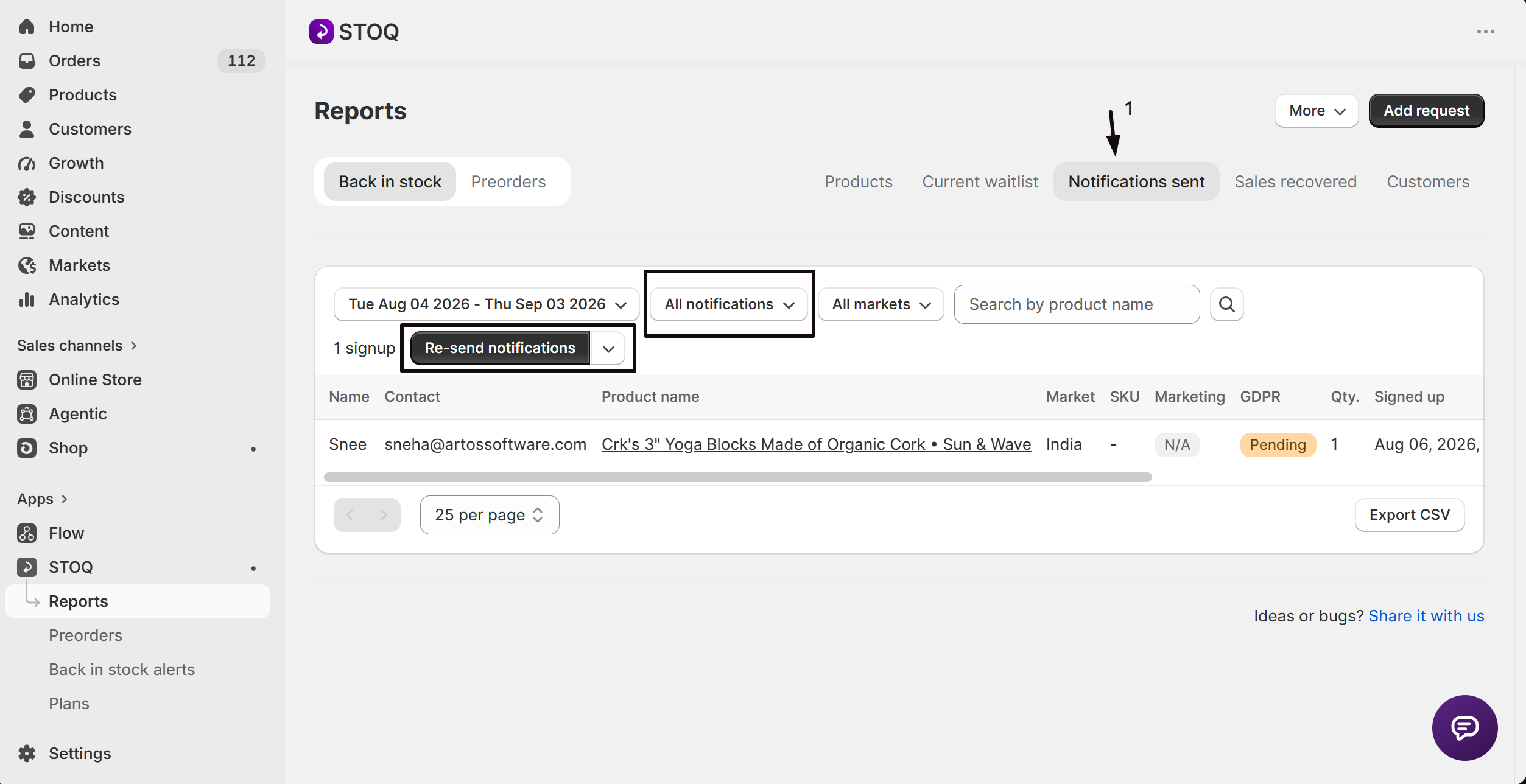 The Notifications sent tab listing alerts STOQ has sent