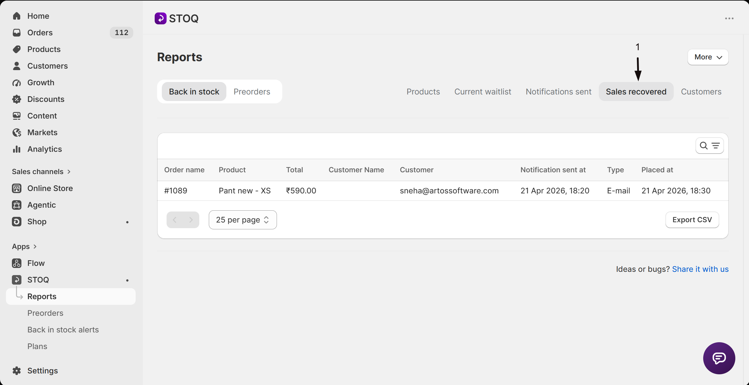 The Sales recovered tab listing orders attributed to alerts