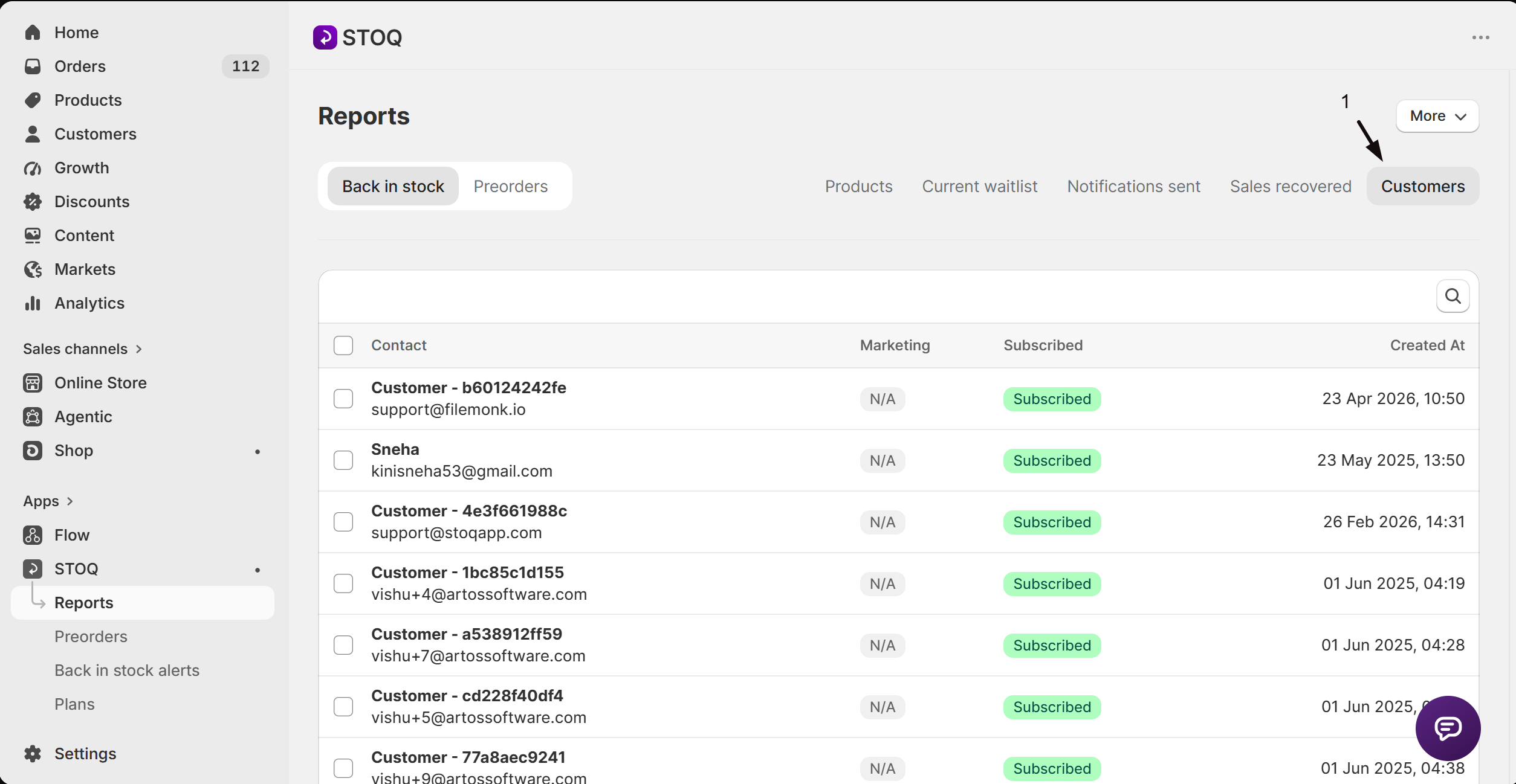The Customers tab listing everyone who has signed up for alerts