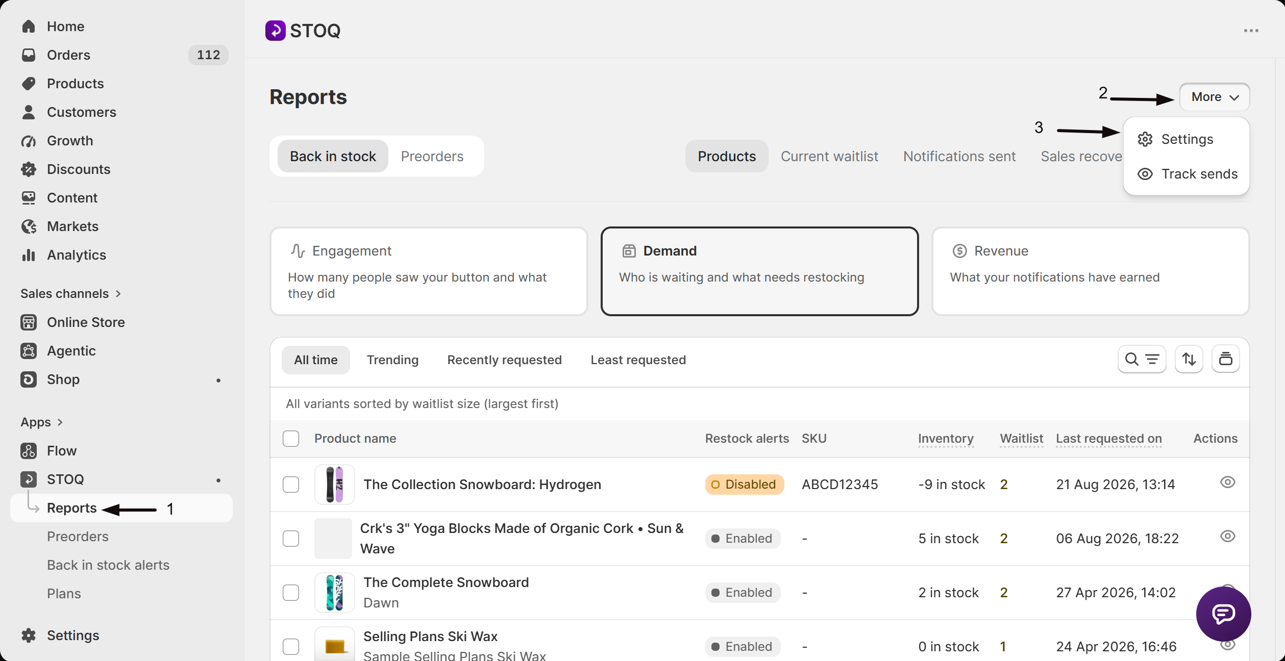 Settings in the Reports More menu