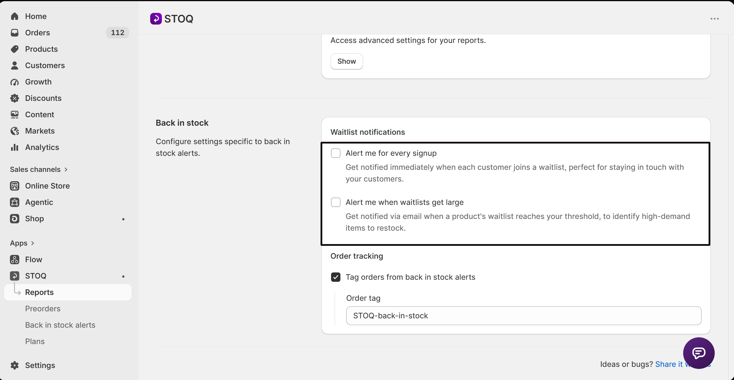 The Waitlist notifications settings under Back in stock